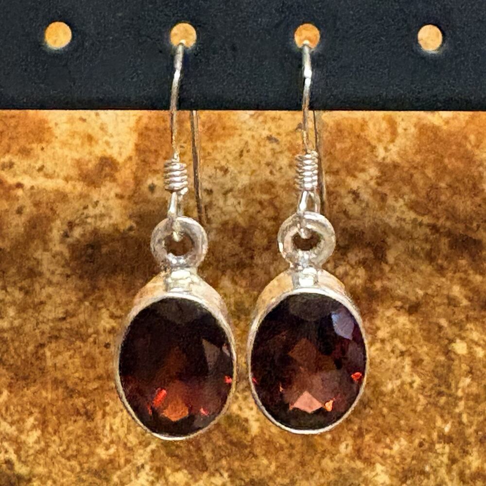 Sterling Silver & Garnet Earrings Oval Shaped Dangle/Drop